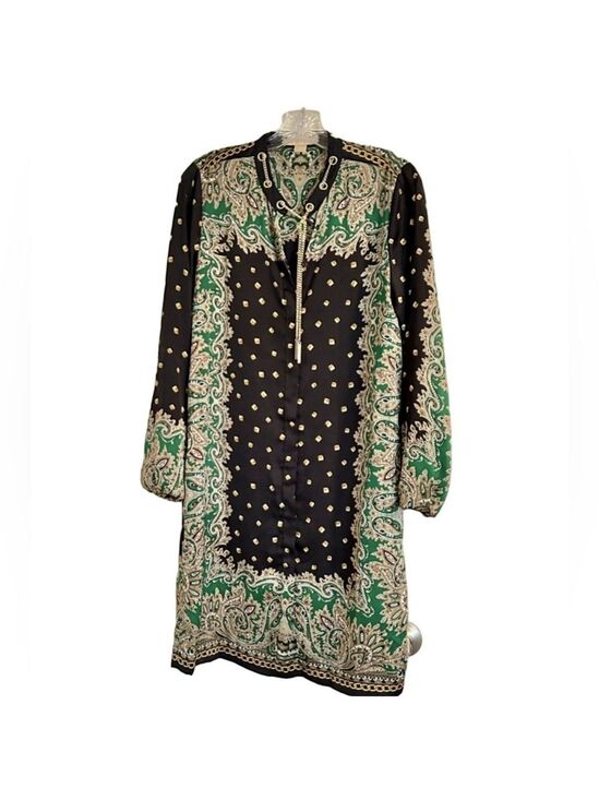 Michael Kors Dresses & Skirts - Michael Kors Paisley Shirt Dress Medium Green Navy Gold Chain Midi